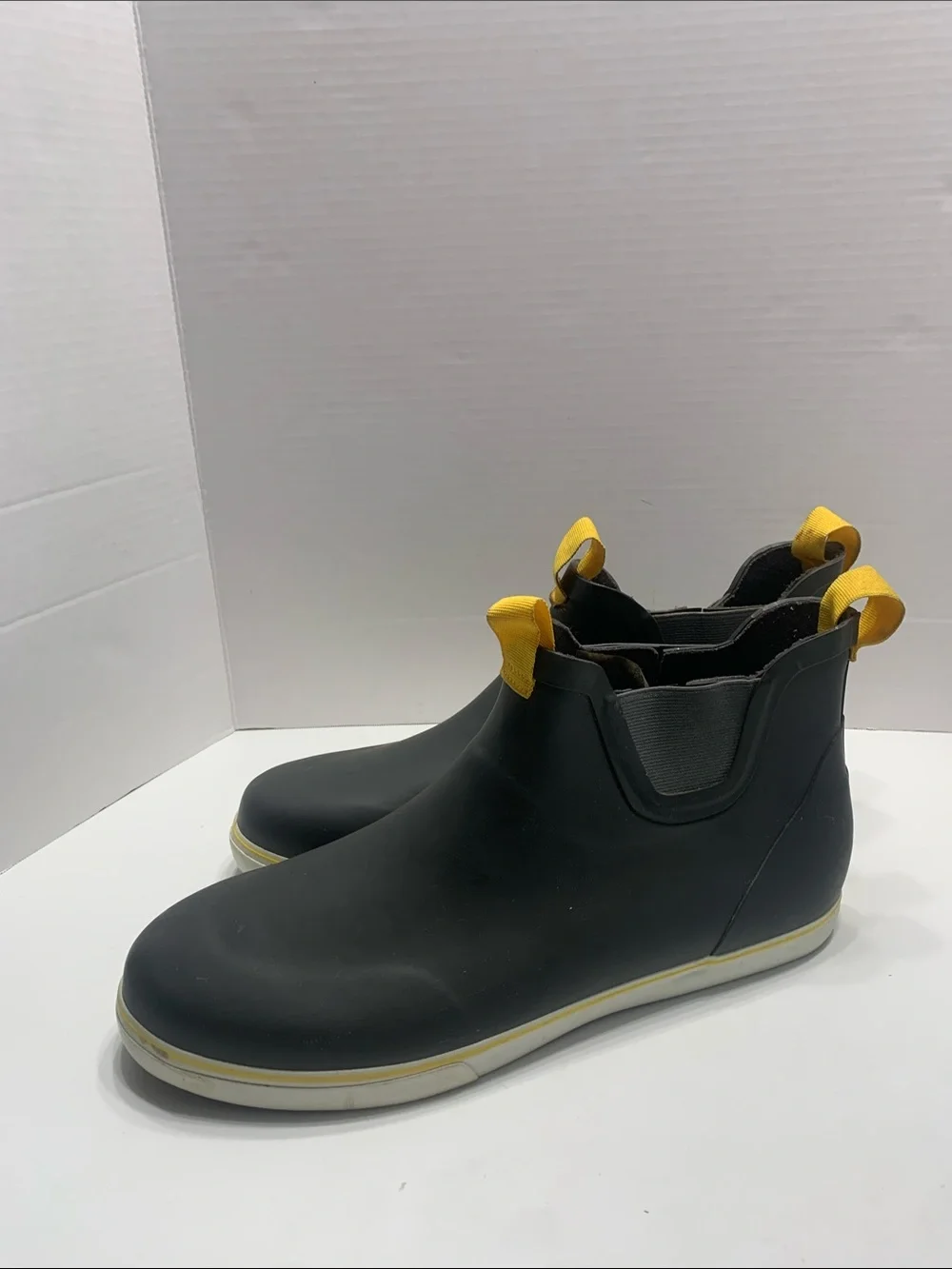 Men's Black Rain & Snow Chelsea Boots with Yellow Pull Tabs ocean cost